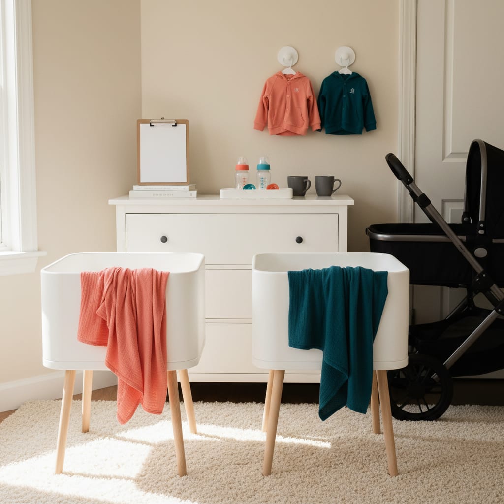 A twin nursery setup with two bassinets, a coral swaddle and a teal swaddle, and a feeding log clipboard